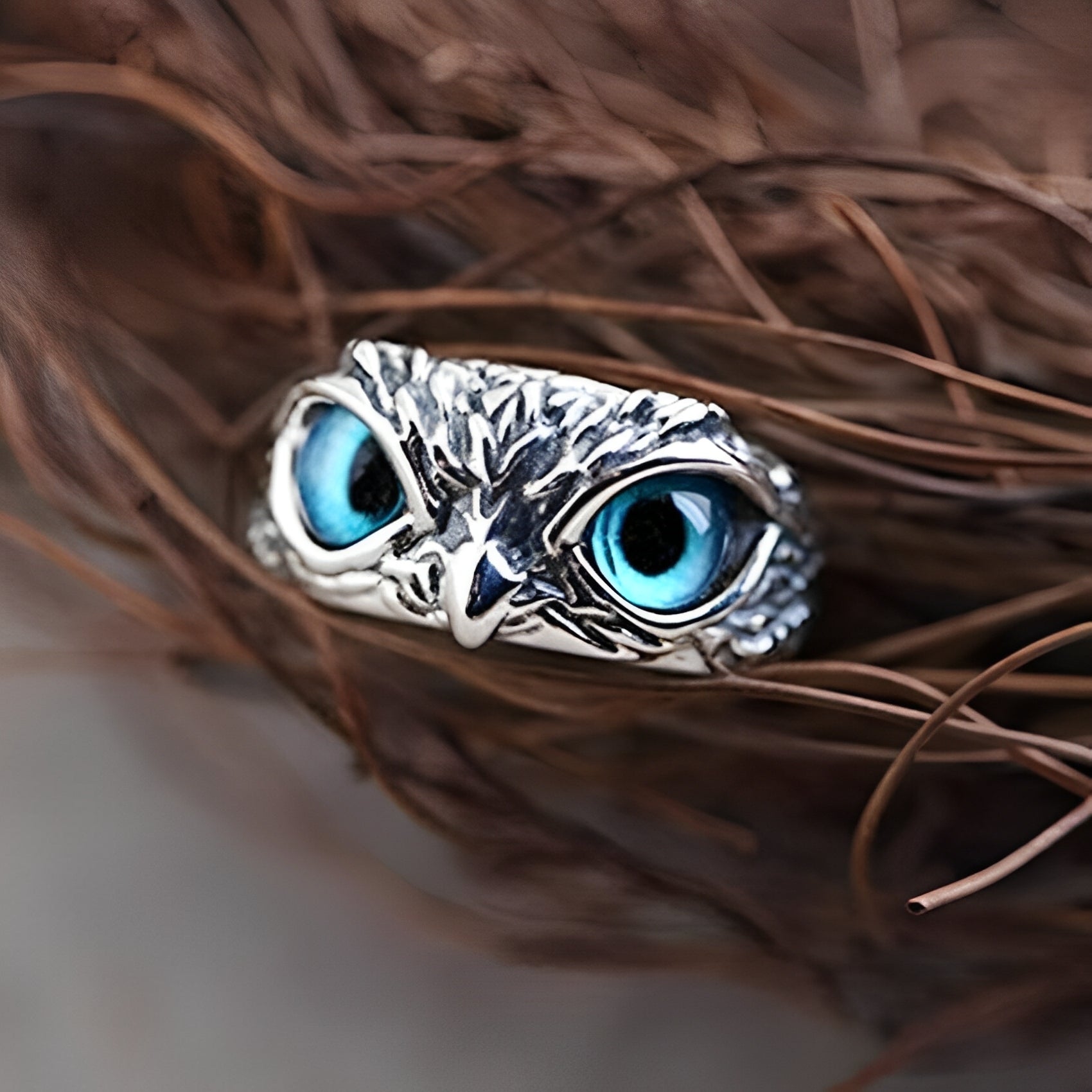 Brianna – Anillo ajustable de la suerte con búho en plata y ópalo