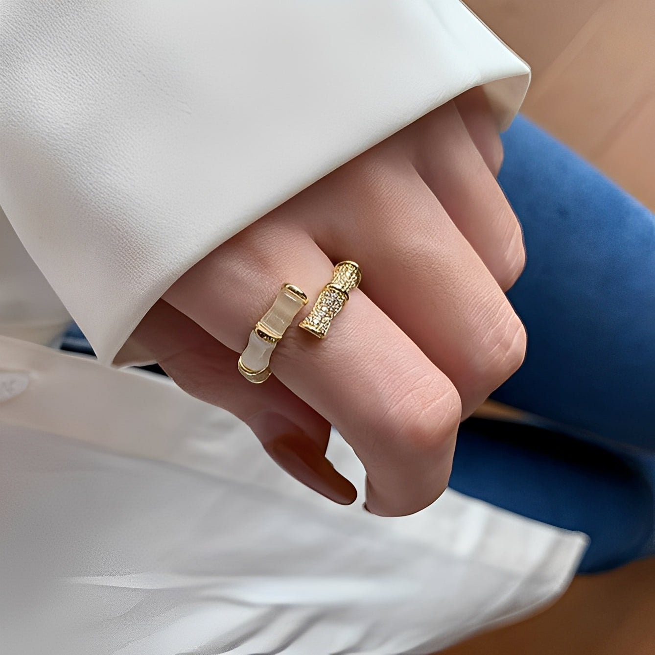Lysiane – Anillo ajustable en forma de bambú de oro