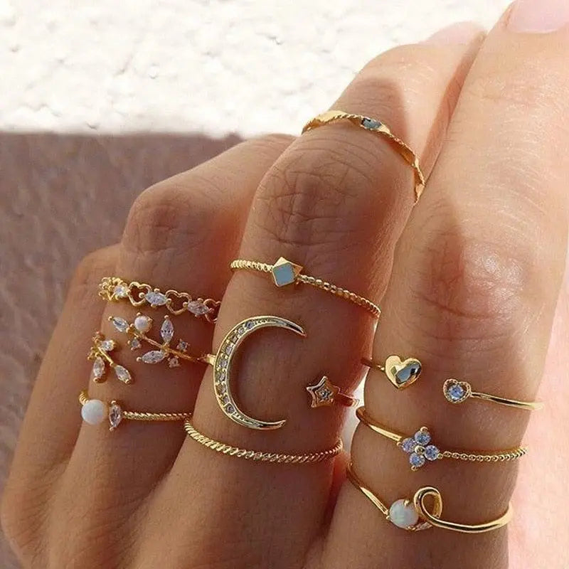 Savana – Set de 10 anillos boho en tonos plateados y dorados