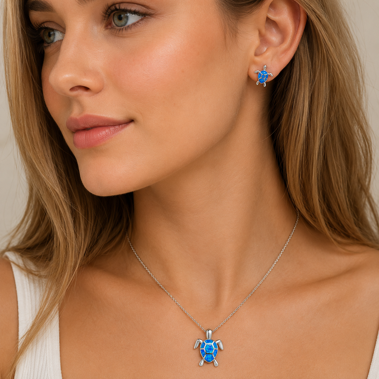 Kailea – Set de joyas de tortuga de ópalo y plata (collar + pendientes)