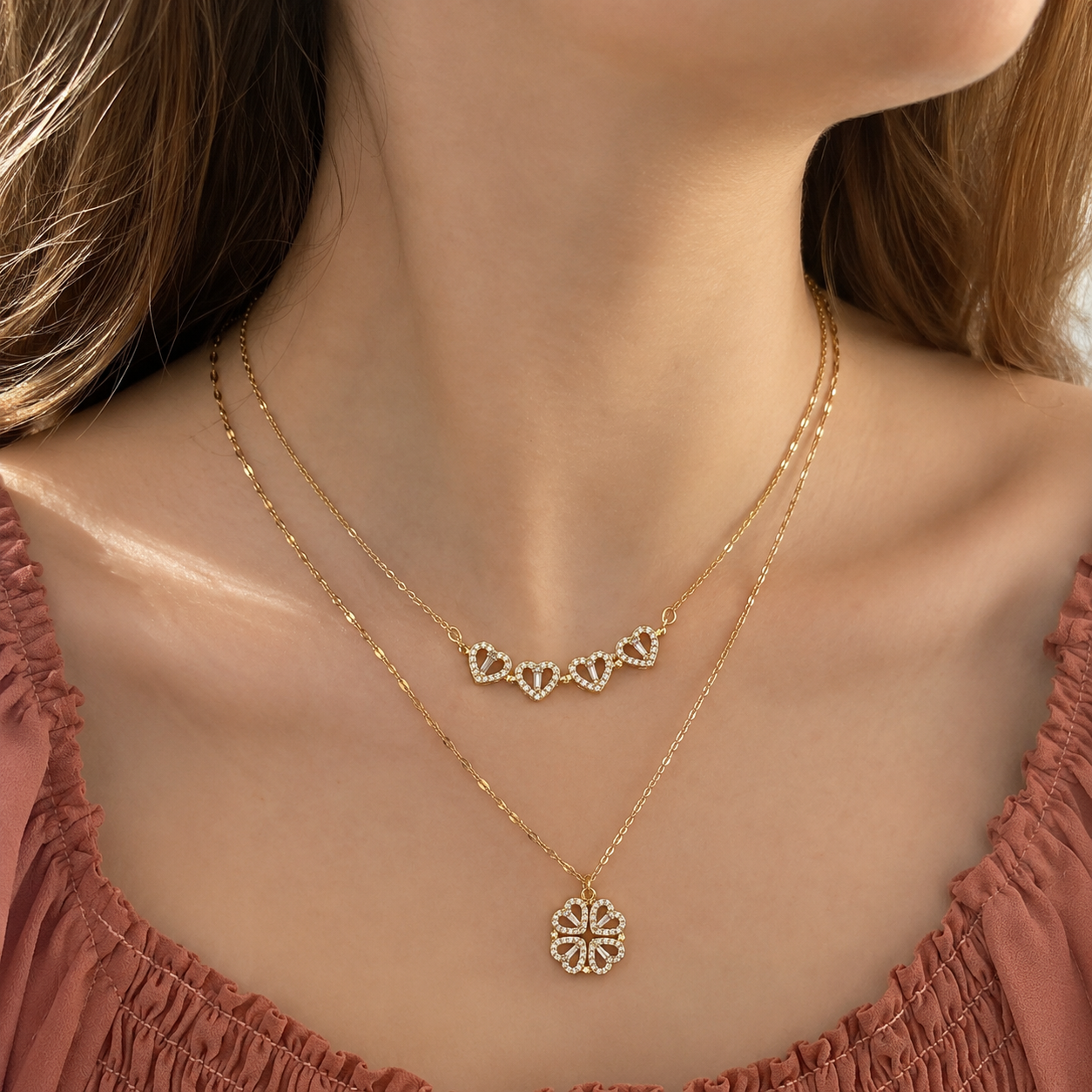 Collar de trébol de cuatro hojas - Collar magnético con corazón