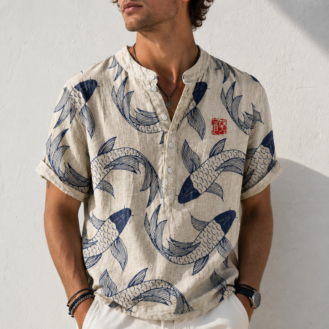 Ogie - Camisa Casual con Diseño Artístico de Peces para Hombre