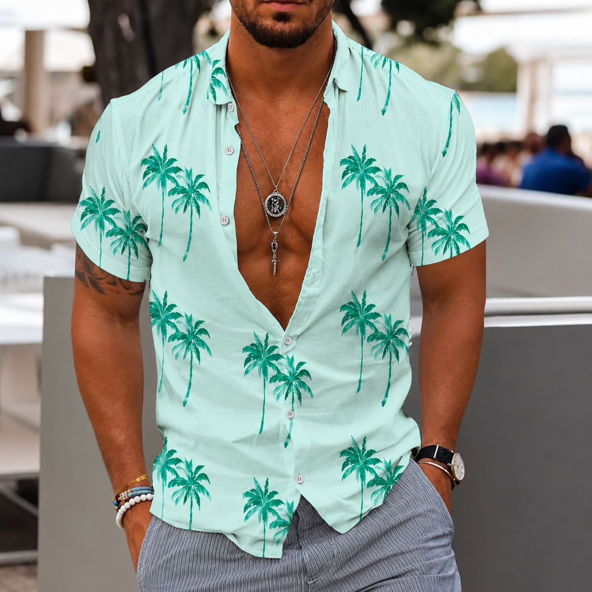 Zion - Camisa Casual con Estampado de Palmera para Hombre