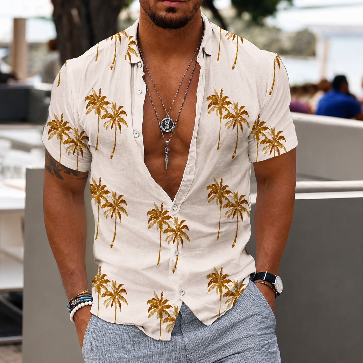 Zion - Camisa Casual con Estampado de Palmera para Hombre