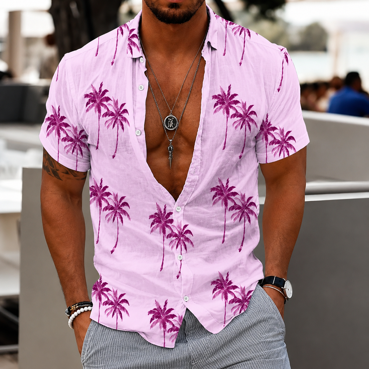 Zion - Camisa Casual con Estampado de Palmera para Hombre