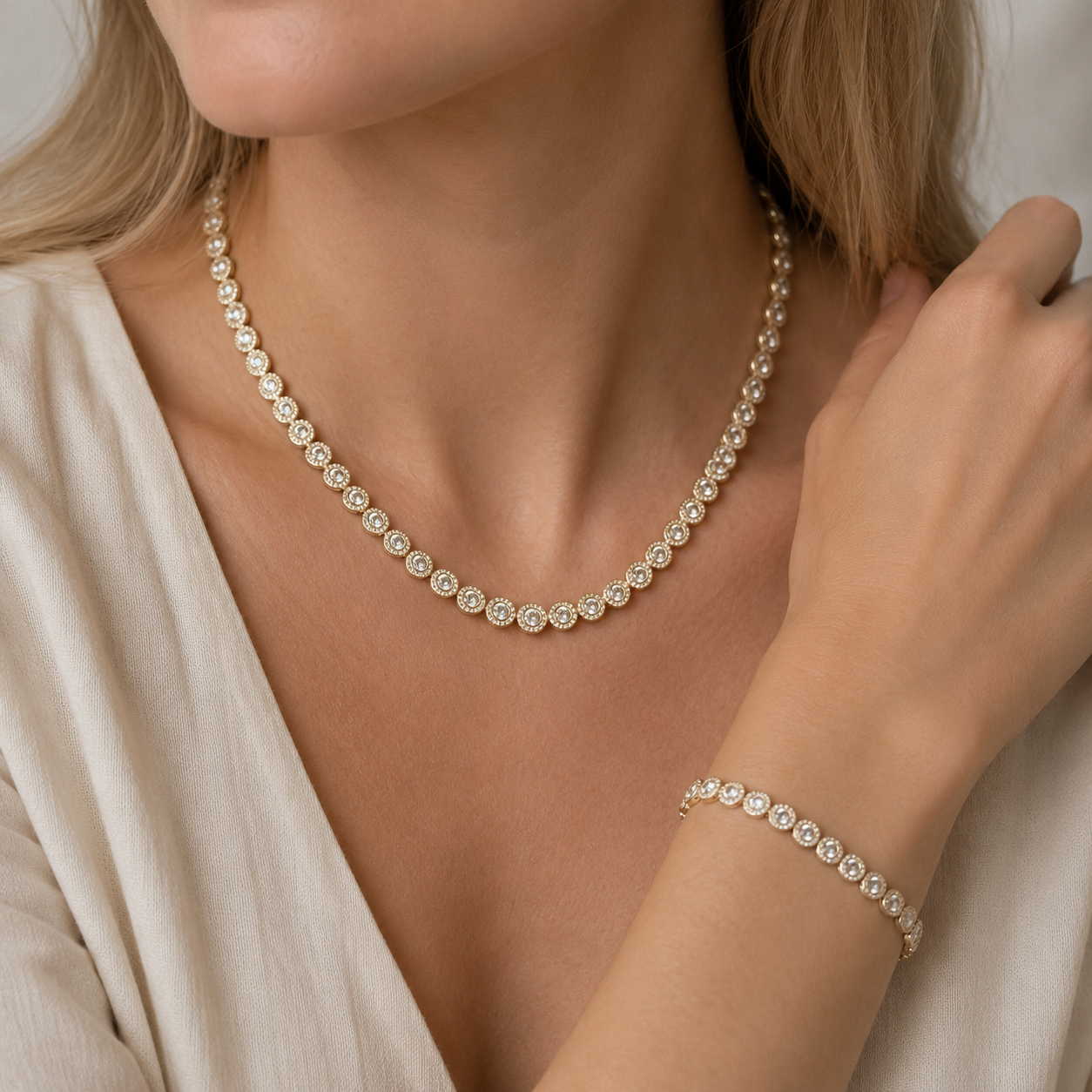 Victoria – Collar y pulsera con botón redondo brillante