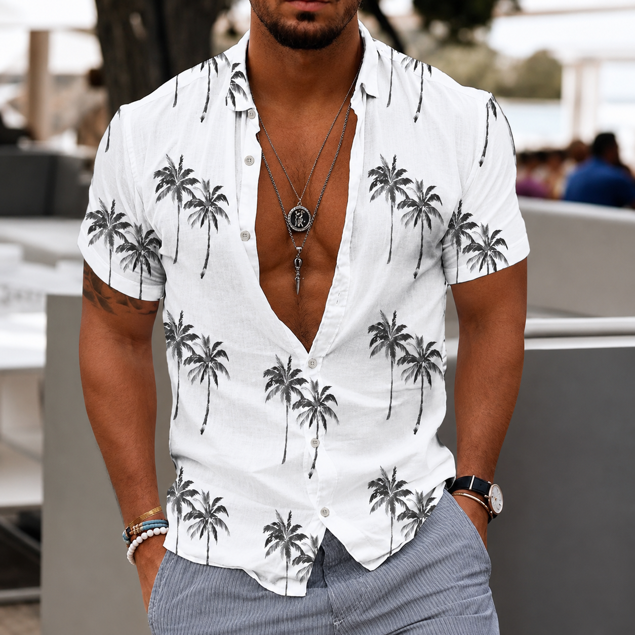Zion - Camisa Casual con Estampado de Palmera para Hombre