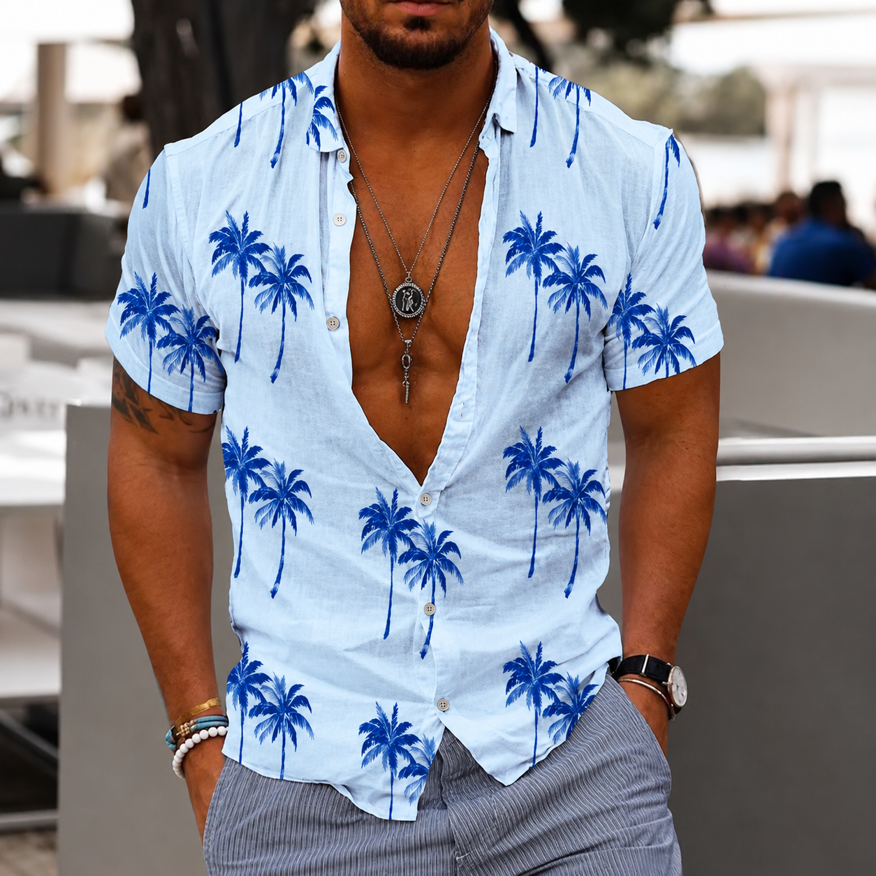 Zion - Camisa Casual con Estampado de Palmera para Hombre