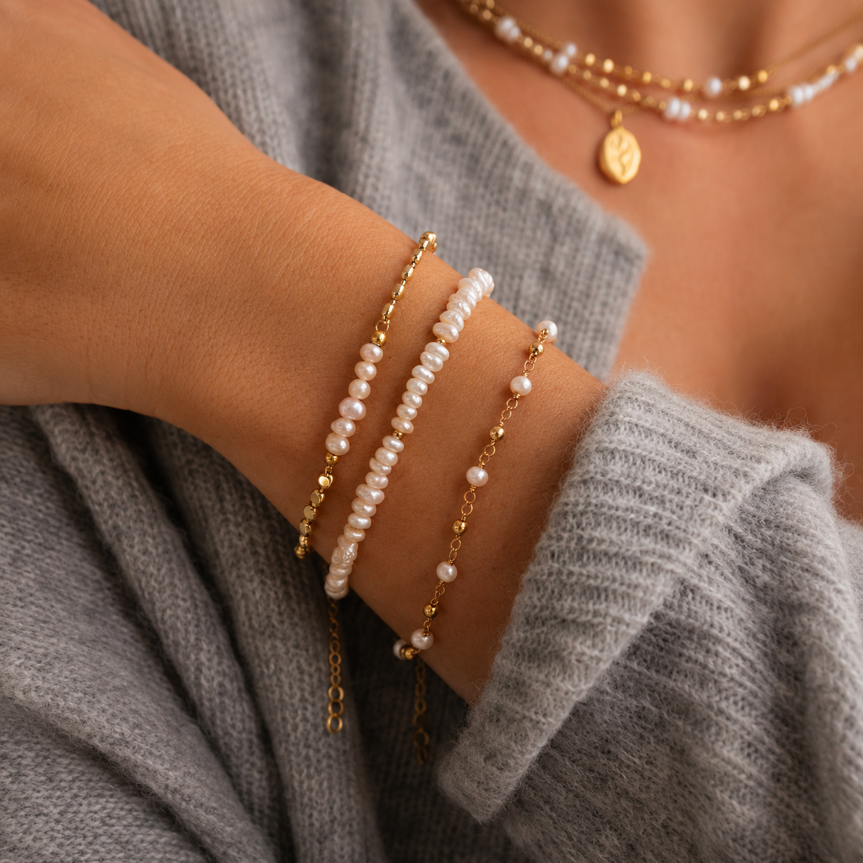 Siena - Pulsera de perlas con cadena de disco