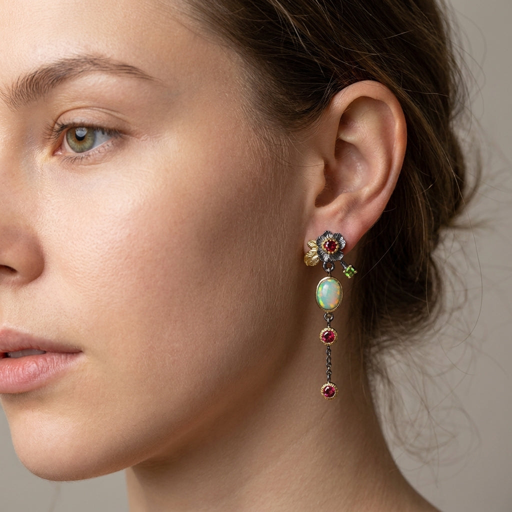 Zyra – Pendientes boho con ópalo y circonita roja