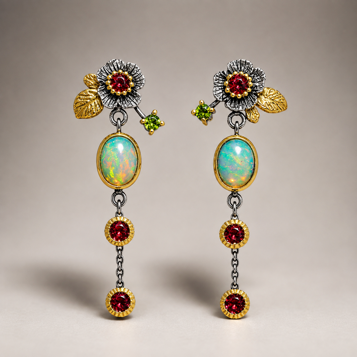 Zyra – Pendientes boho con ópalo y circonita roja