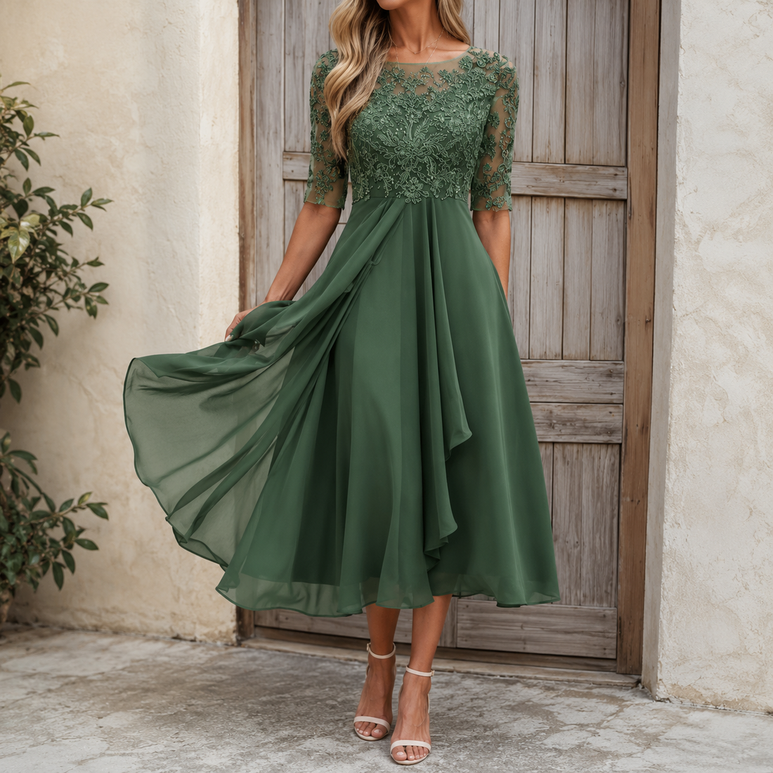 Yara - Elegante Encaje Chiffon Midi Vestido