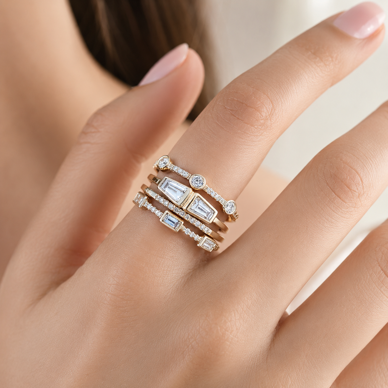 Shuvee – Conjunto de anillos vintage dorados con circonitas
