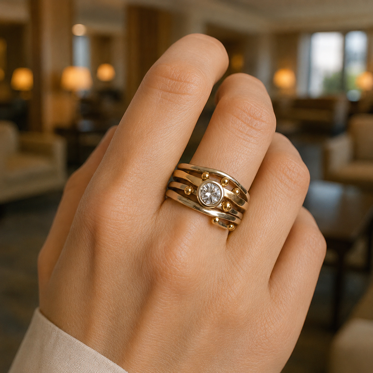 Dalia – Anillo vintage dorado con circonita engastada