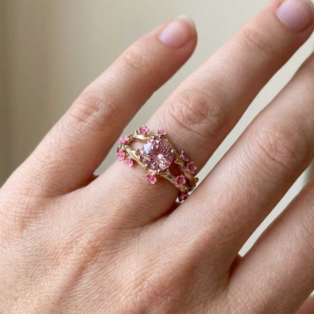 Elina – Anillo dorado encantado con cristal rosa y flores