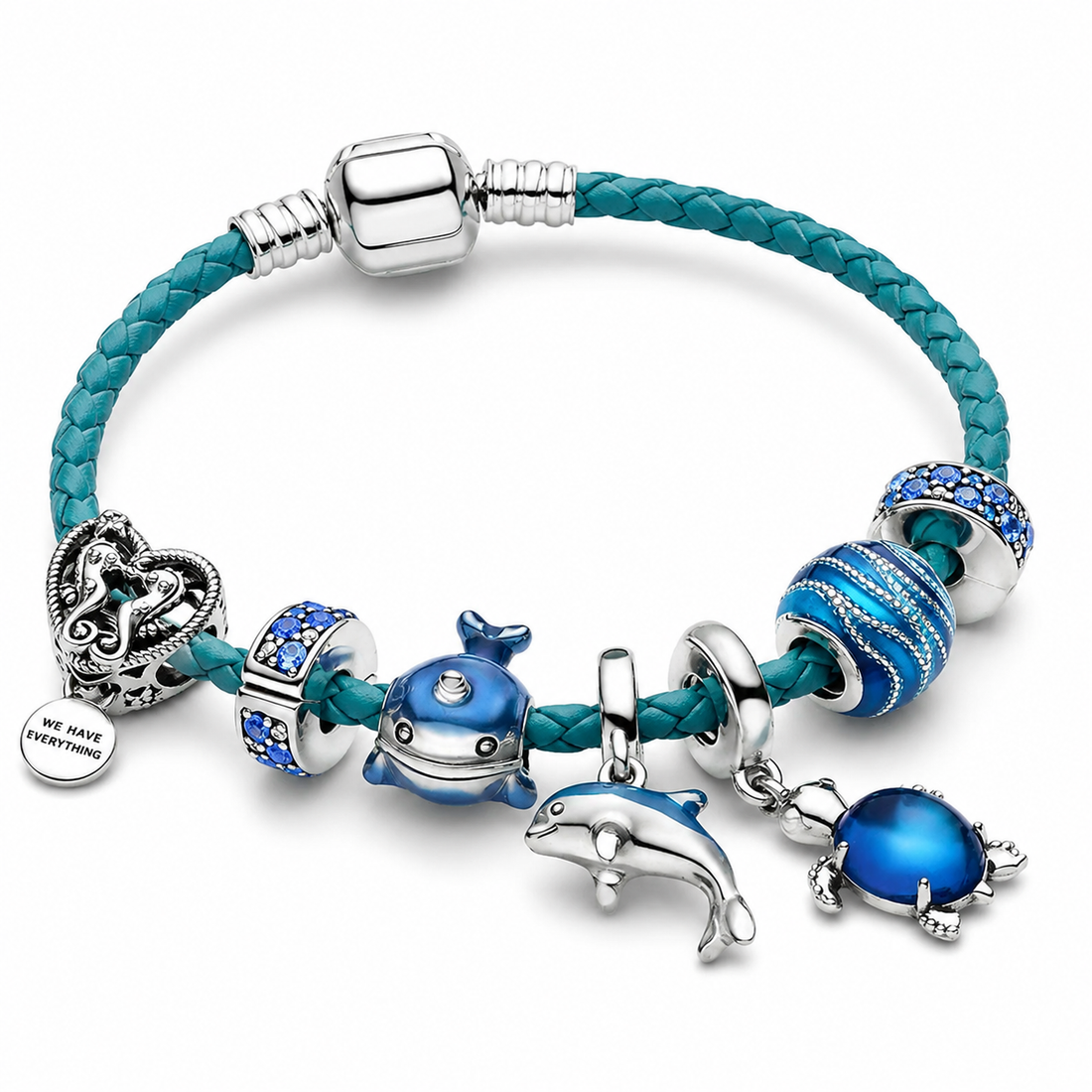 Océano – pulsera de cuero y plata con charms marinos