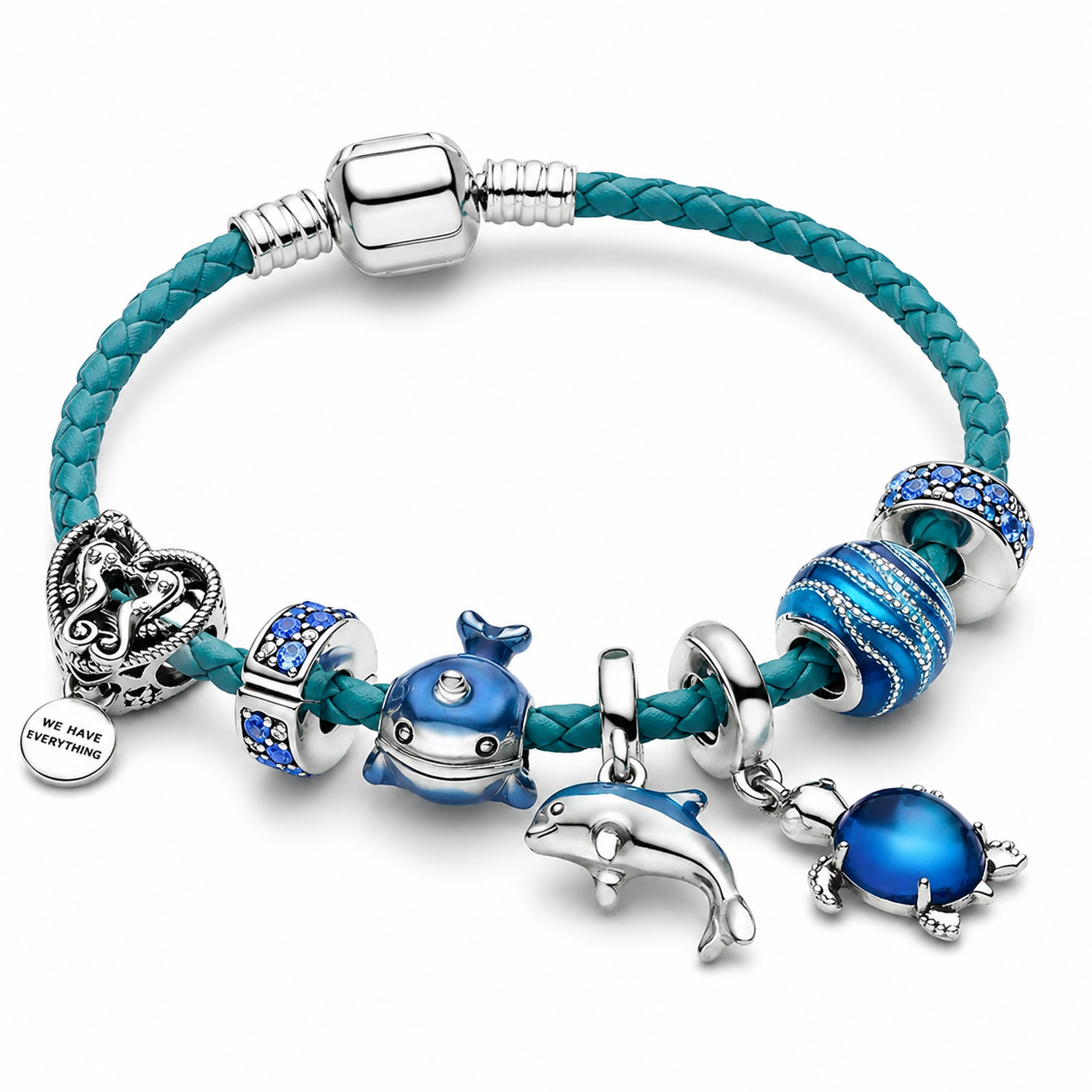 Océano – pulsera de cuero y plata con charms marinos