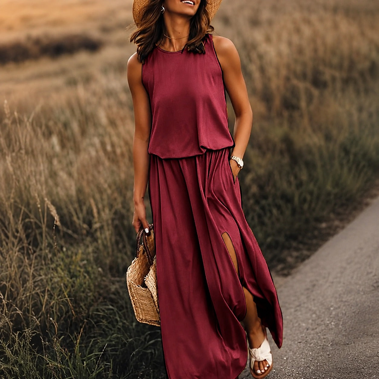 Edna - Vestido boho casual maxi de modal