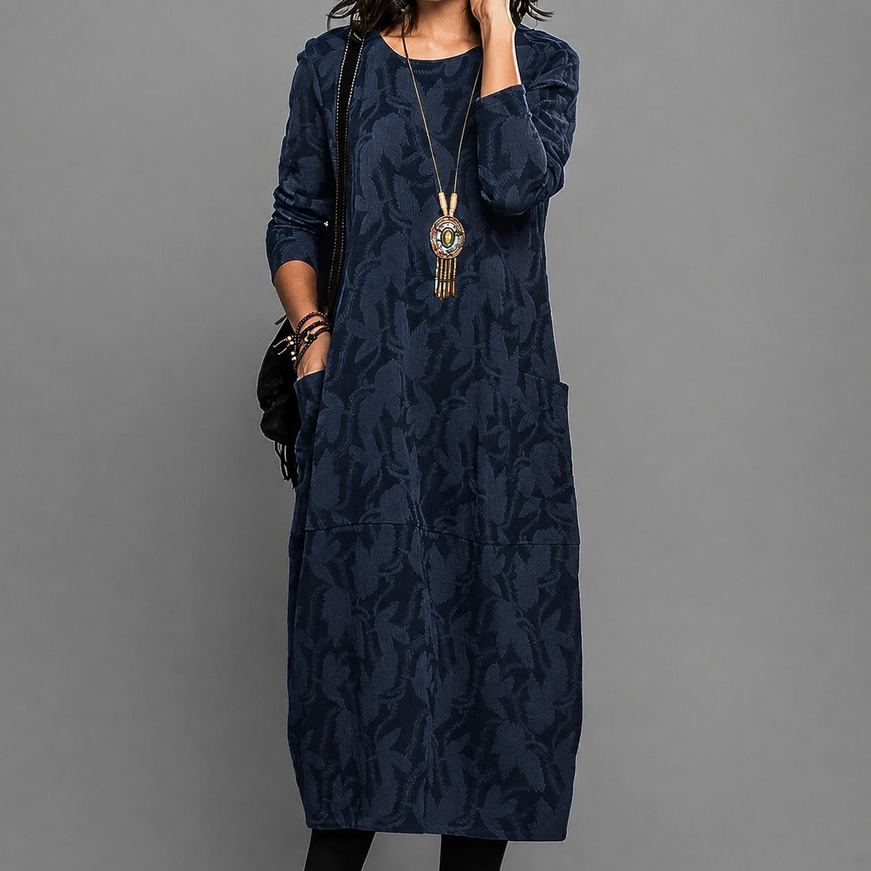 Alisha - Vestido midi estampado con mangas largas