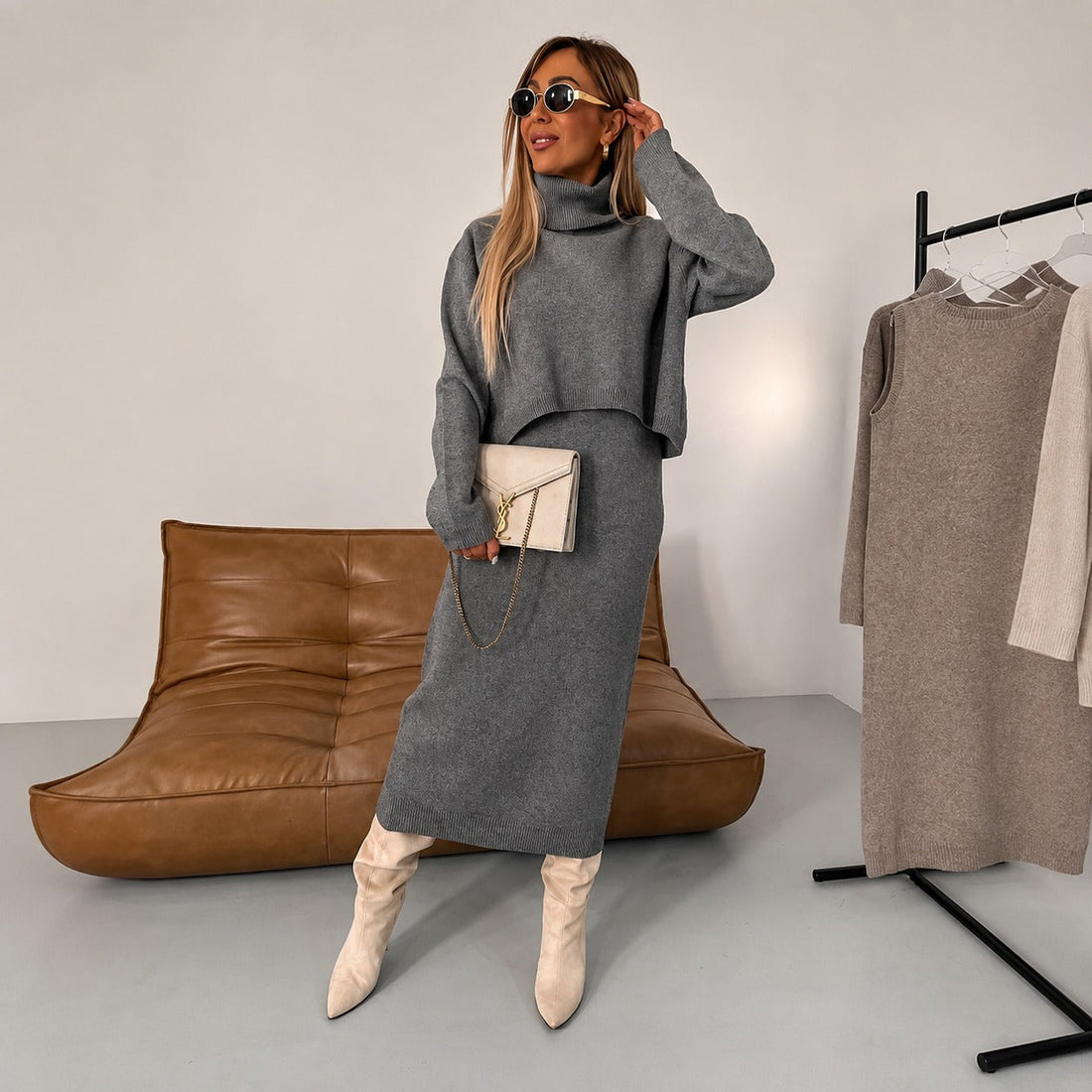 Odette - Conjunto casual con vestido y suéter de cuello alto