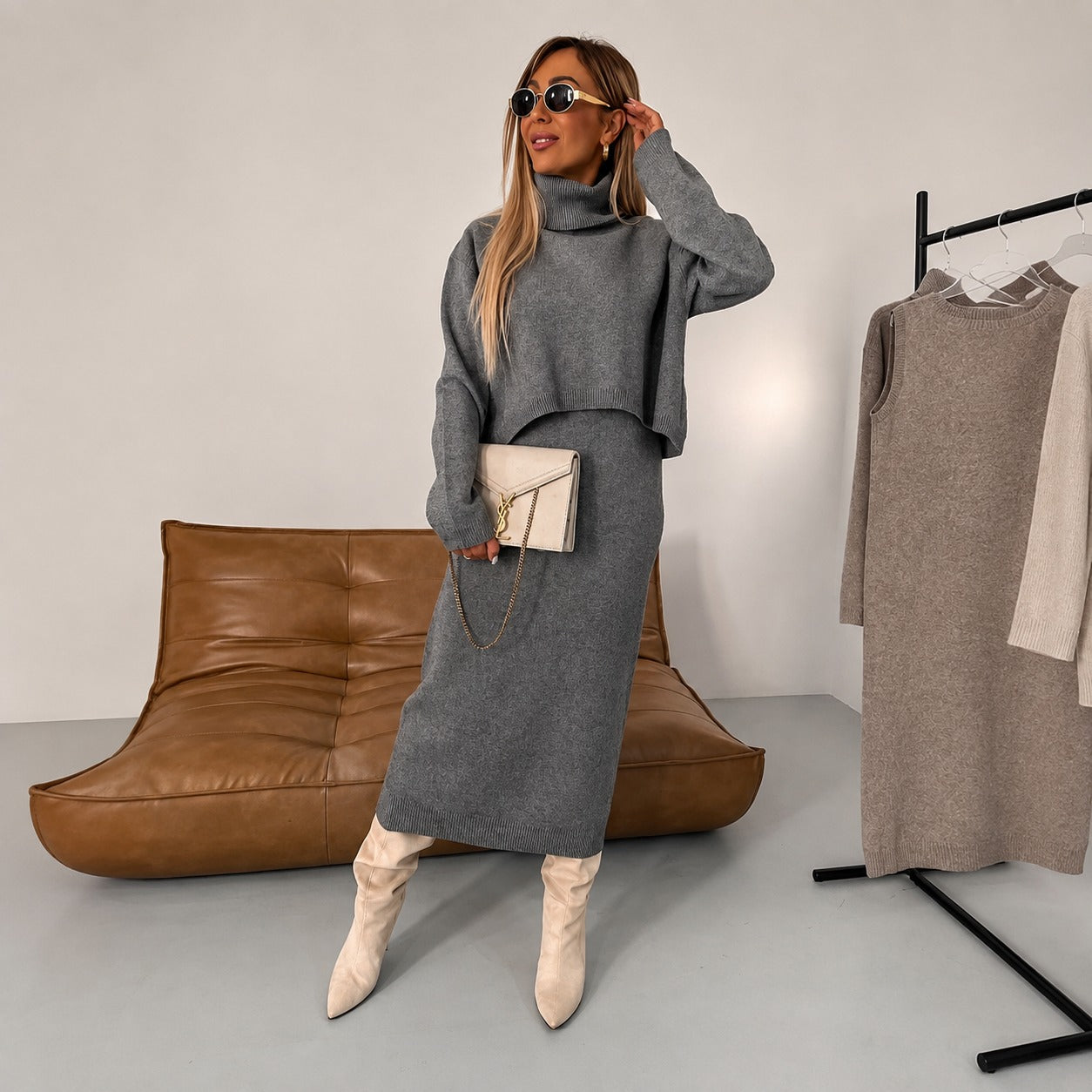 Odette - Conjunto casual con vestido y suéter de cuello alto