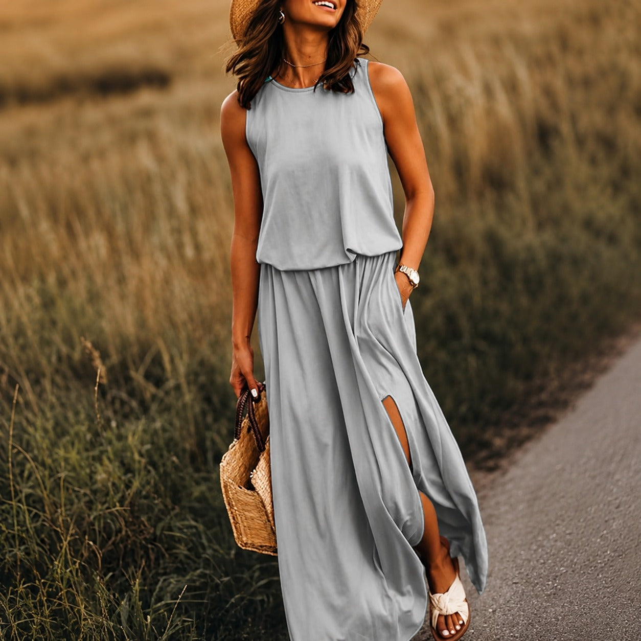 Edna - Vestido boho casual maxi de modal