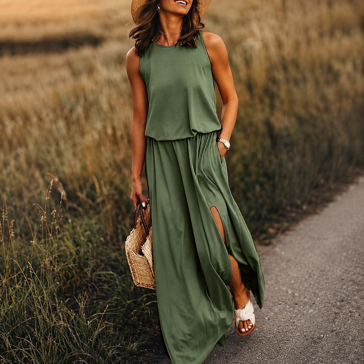 Edna - Vestido boho casual maxi de modal