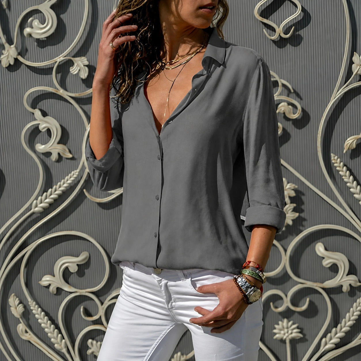 Aiah - Blusa casual con escote en V