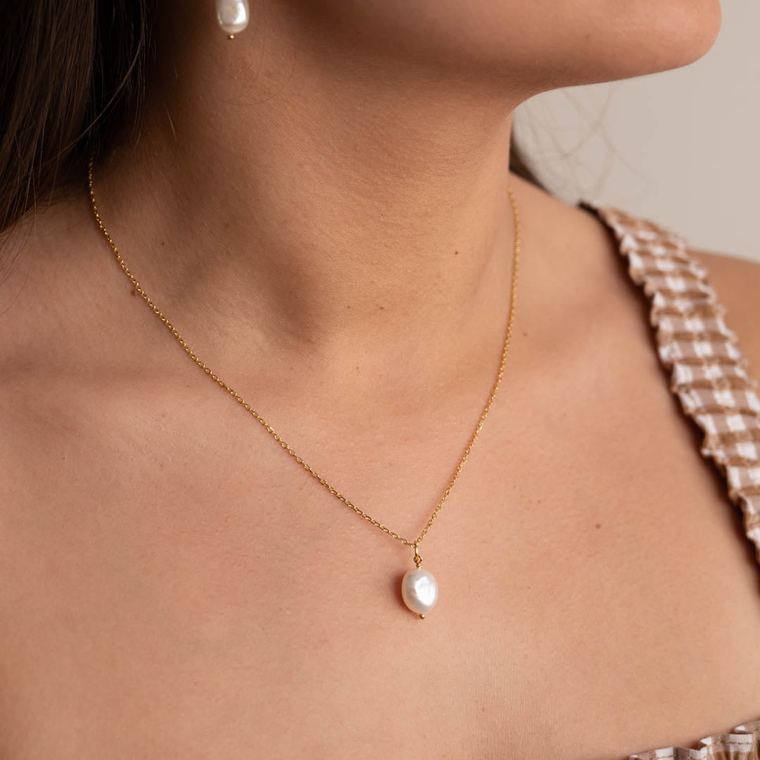 Collar de perlas doradas - Colgante de perla brillante