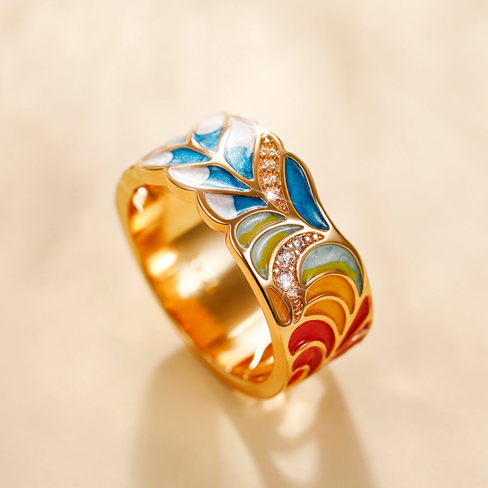Margaux – anillo de motivo dorado cerámica azul y blanca