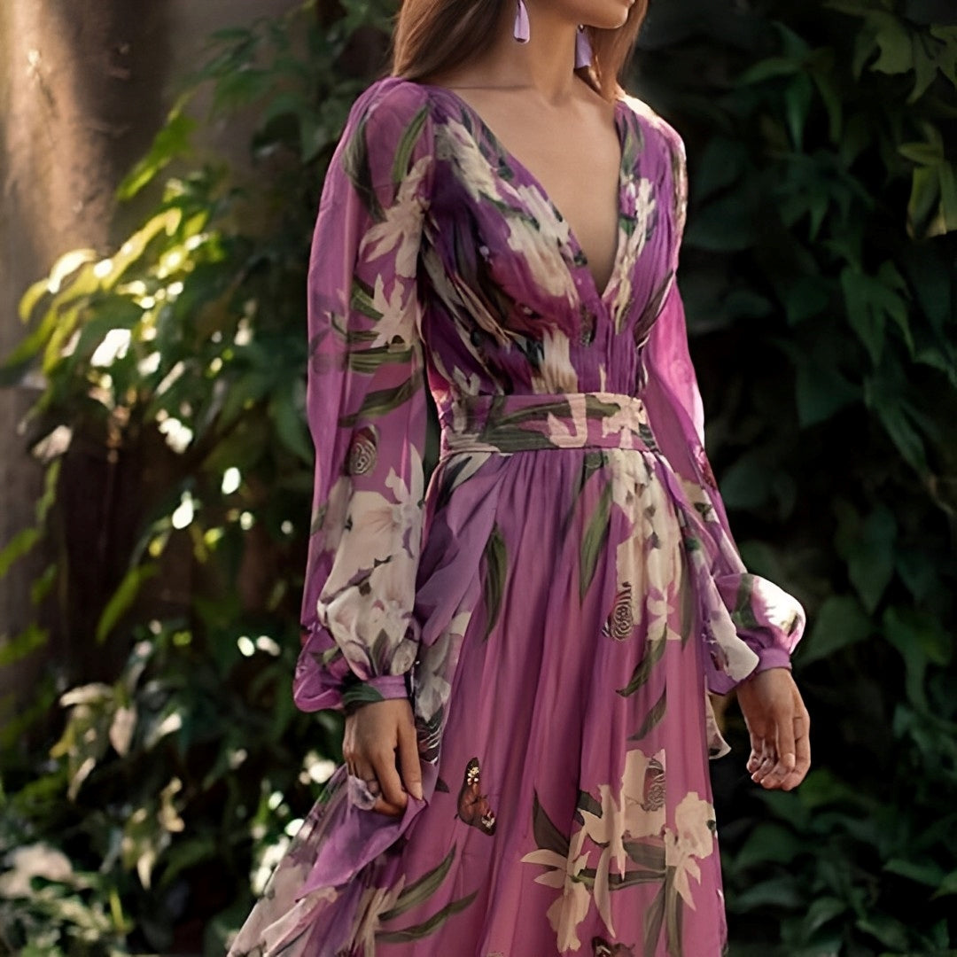 Theia - Vestido Chiffon de Flores Ligero y Fluido