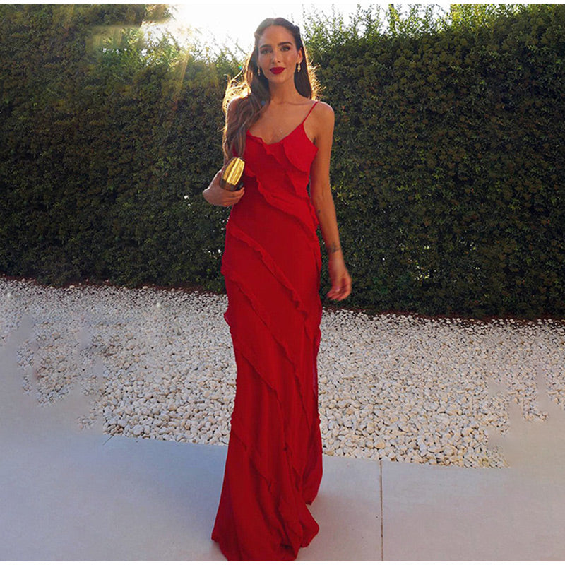 Everly - Vestido maxi sin mangas con volantes