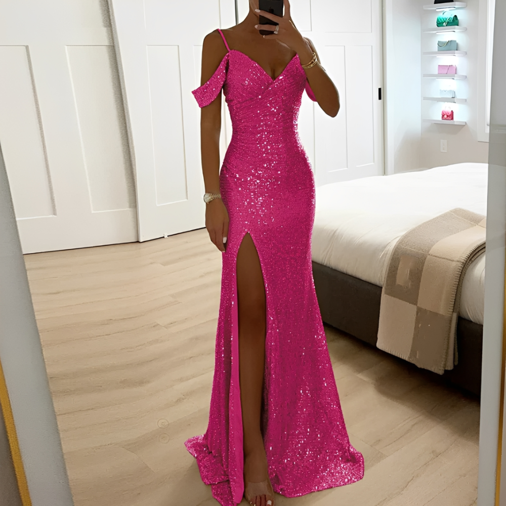 Lorena – Vestido de noche para damas con lentejuelas, hombros descubiertos y ventana