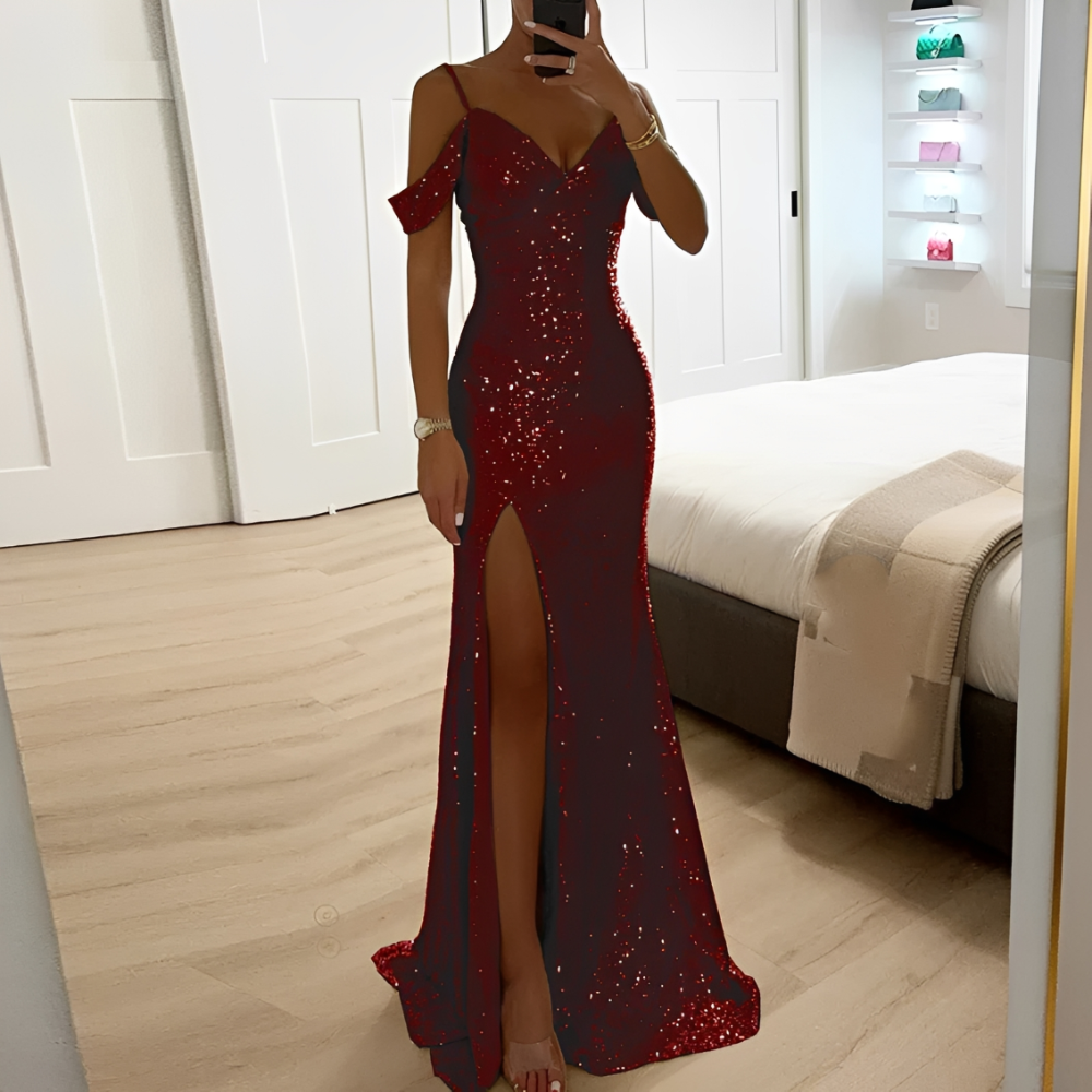 Lorena – Vestido de noche para damas con lentejuelas, hombros descubiertos y ventana