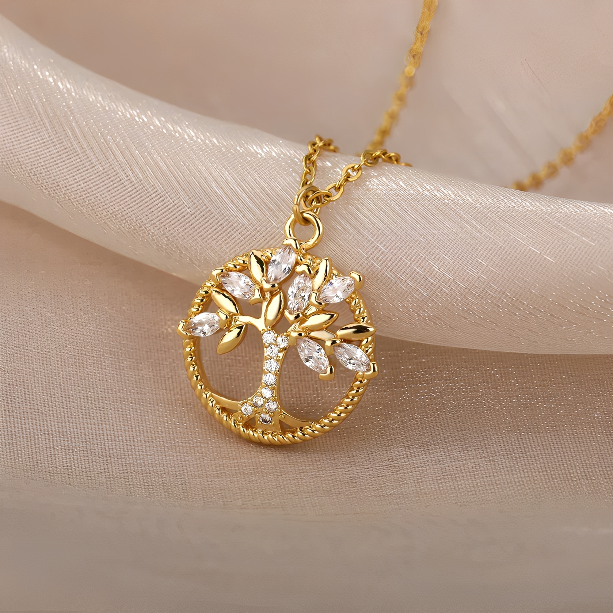 Toshi – Collar de árbol de la vida de oro con circonitas