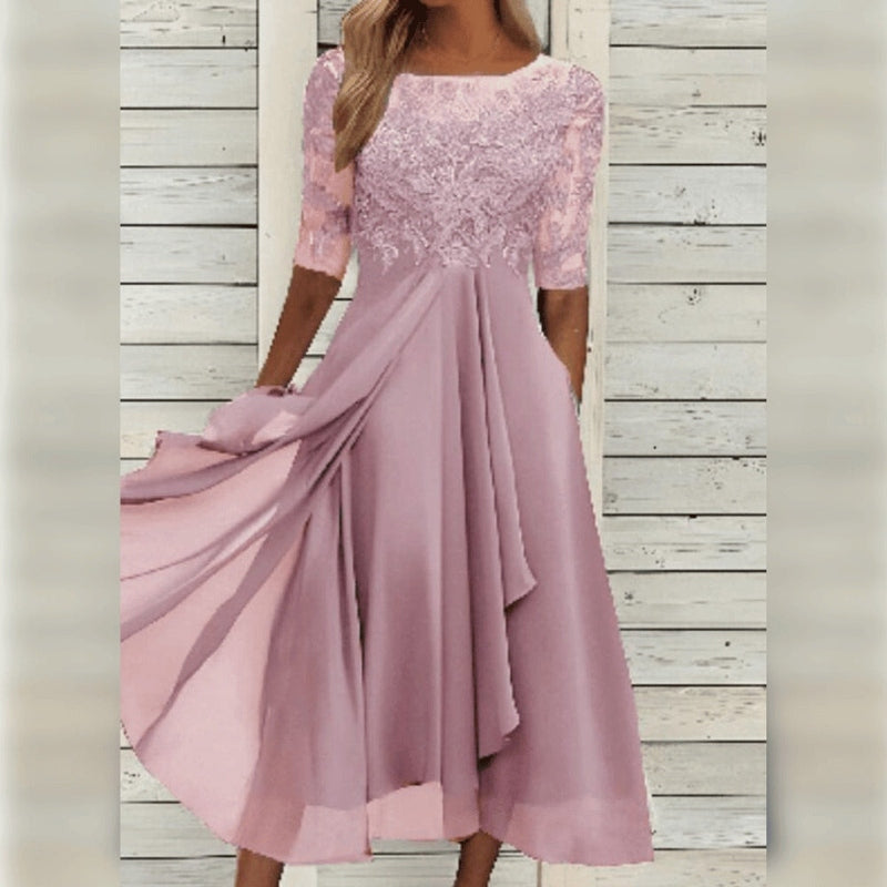 Yara - Elegante Encaje Chiffon Midi Vestido