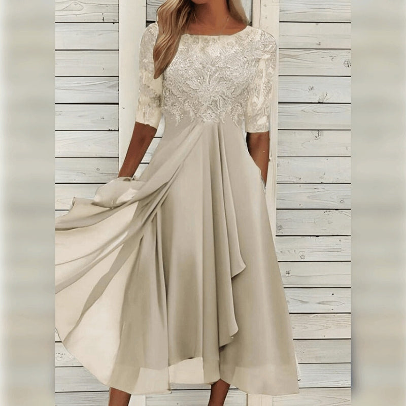 Yara - Elegante Encaje Chiffon Midi Vestido