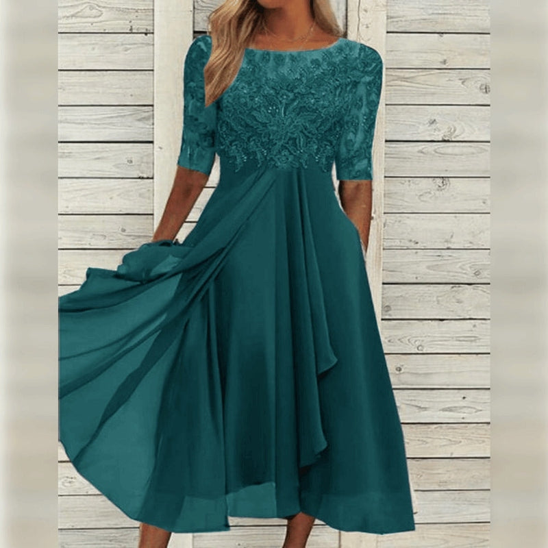 Yara - Elegante Encaje Chiffon Midi Vestido