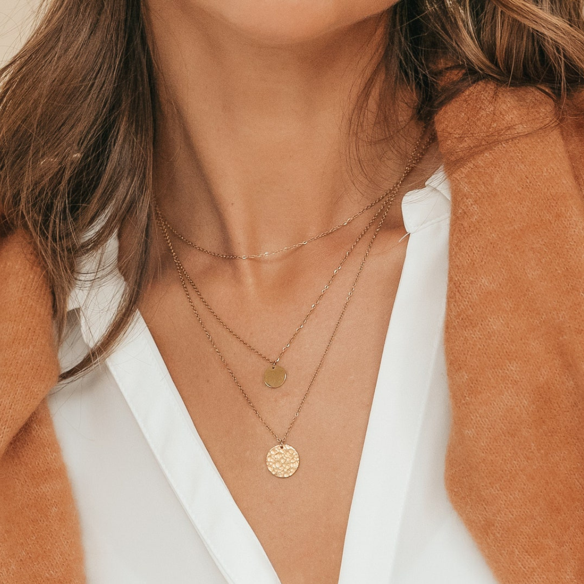 Conjunto de Colgante Redondo - Collar de 3 Capas de Discos