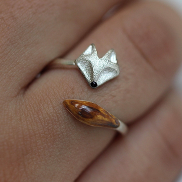 Anillo ajustable de madera - Anillo de cara de zorro plateado