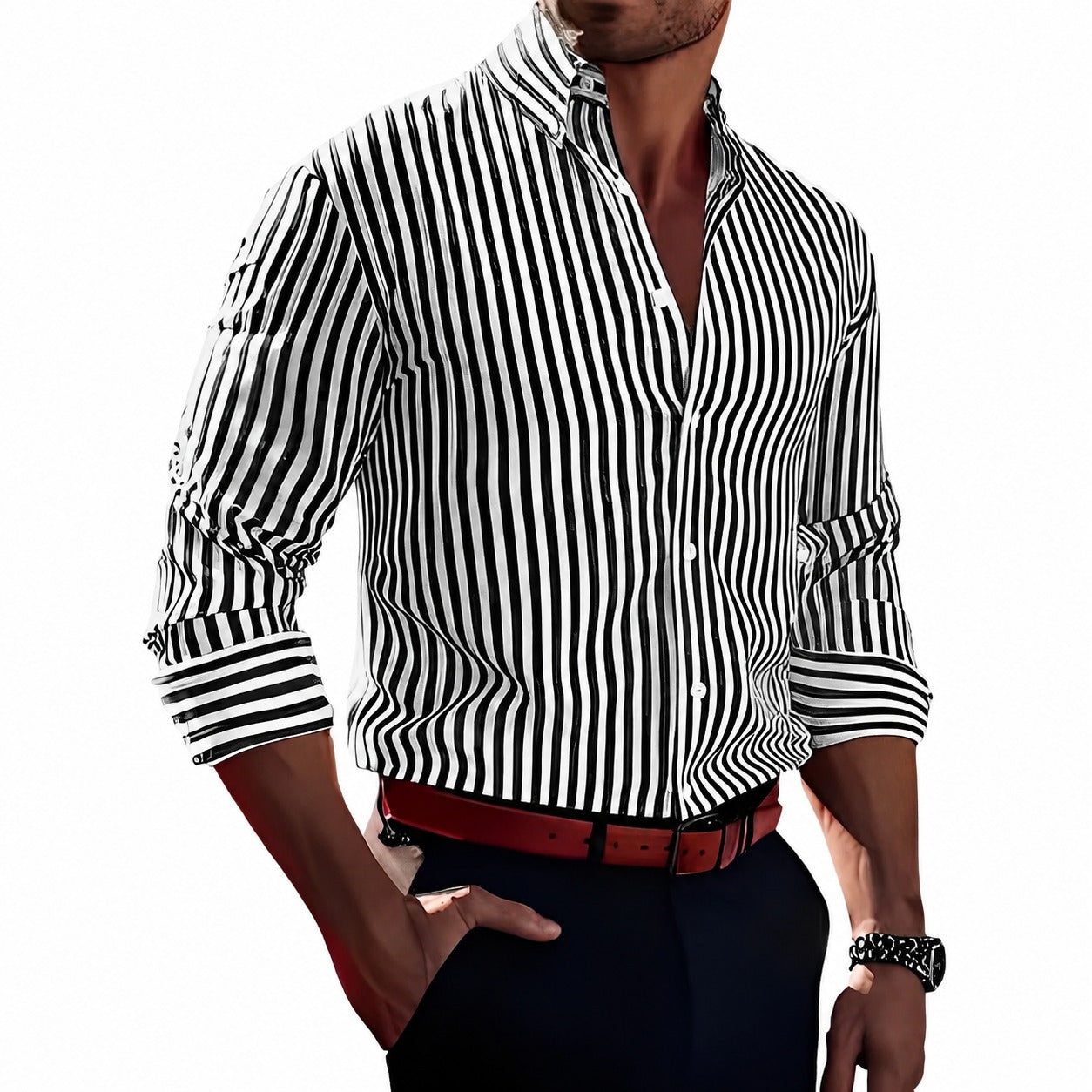 Brycen - Camisa de hombre a rayas de manga larga y con estilo