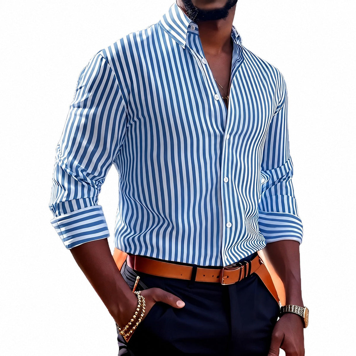Brycen - Camisa de hombre a rayas de manga larga y con estilo