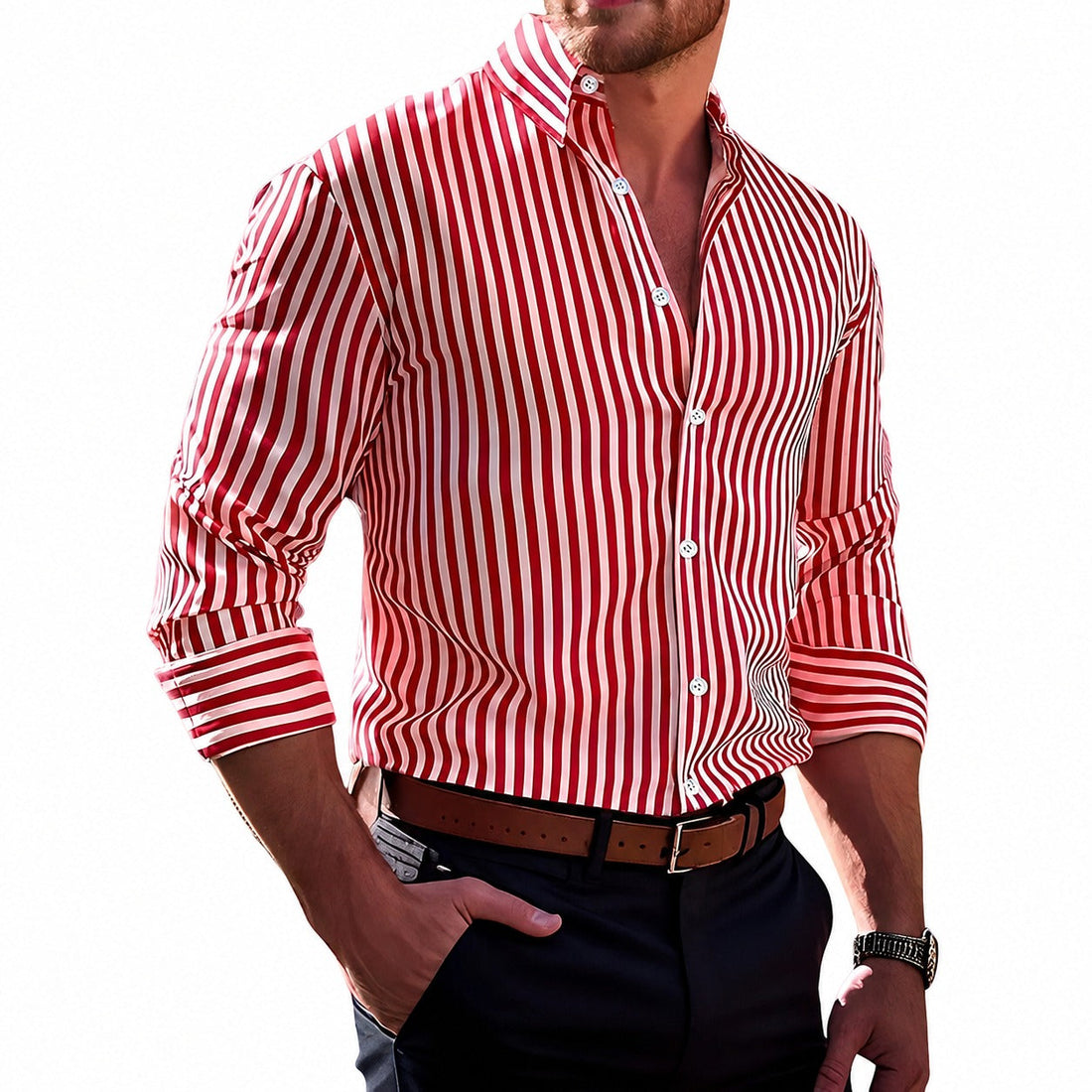 Brycen - Camisa de hombre a rayas de manga larga y con estilo