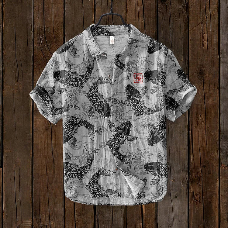 Ogie - Camisa Casual con Diseño Artístico de Peces para Hombre