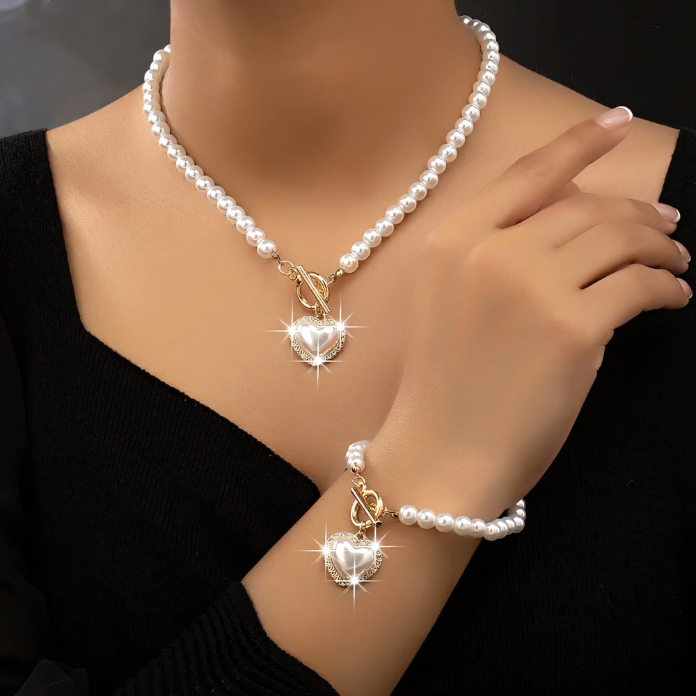Lara – Conjunto de collar y pulsera Corazón Perlé