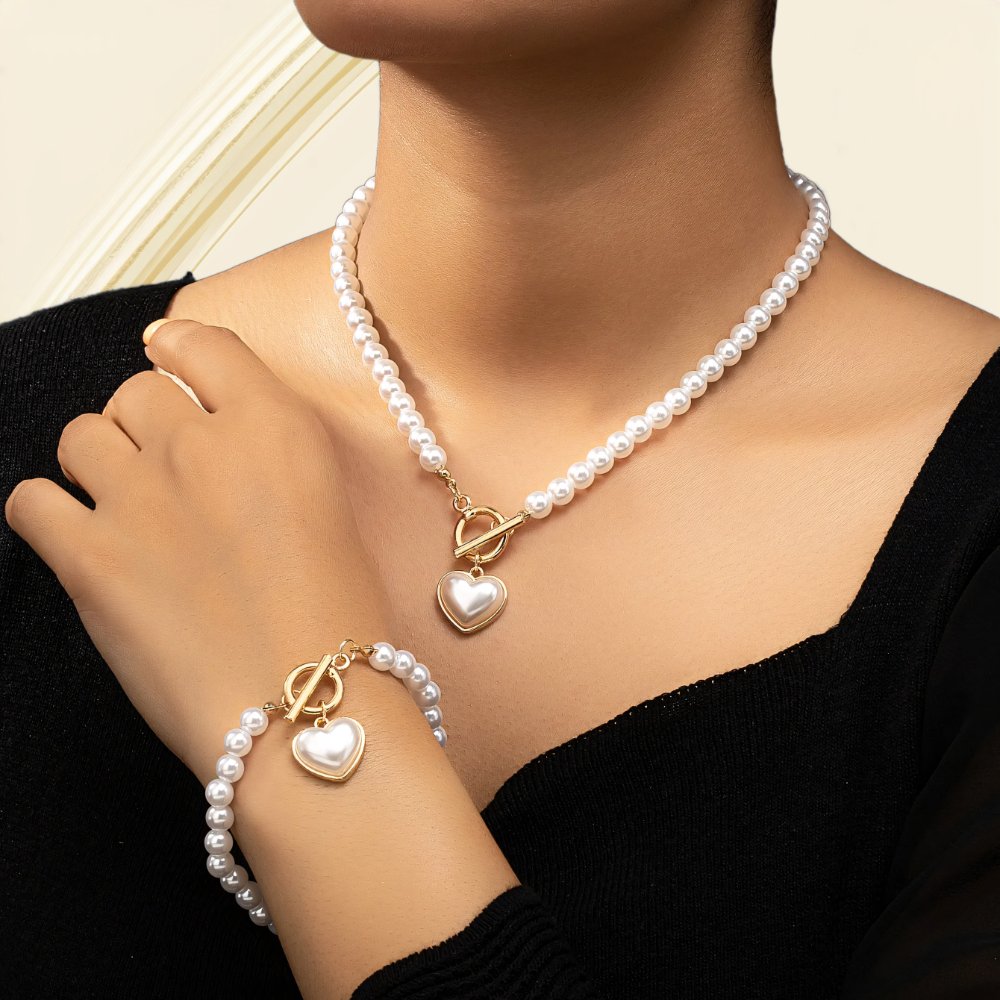 Lara – Conjunto de collar y pulsera Corazón Perlé