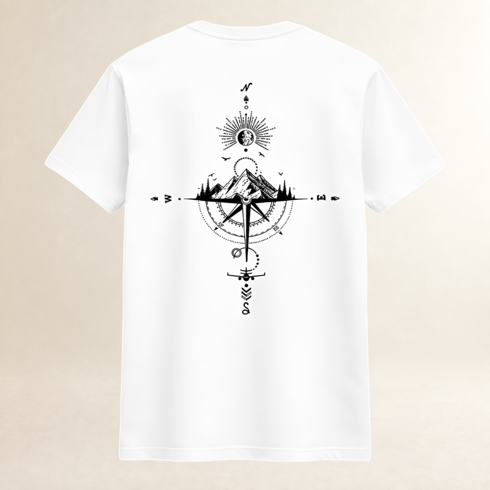 Camiseta hombre cuello redondo manga corta con gráfico trasero de brújula y montaña