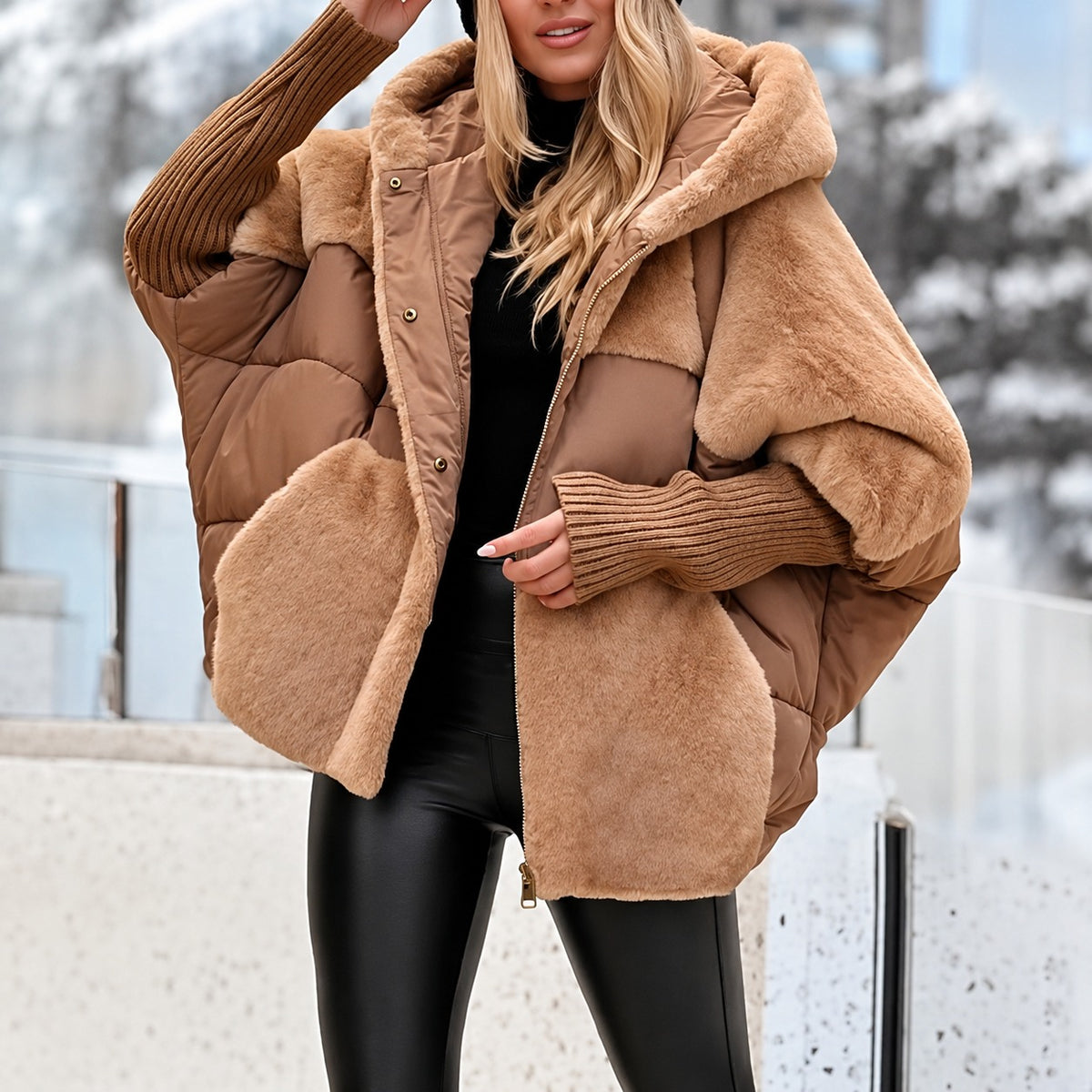 Abrigo acolchado para mujer con capucha, cierre de cremallera y corte oversize