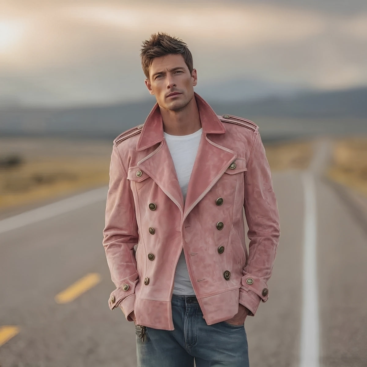 Abrigo doble botonadura para hombre con solapas anchas y hombreras estilo militar