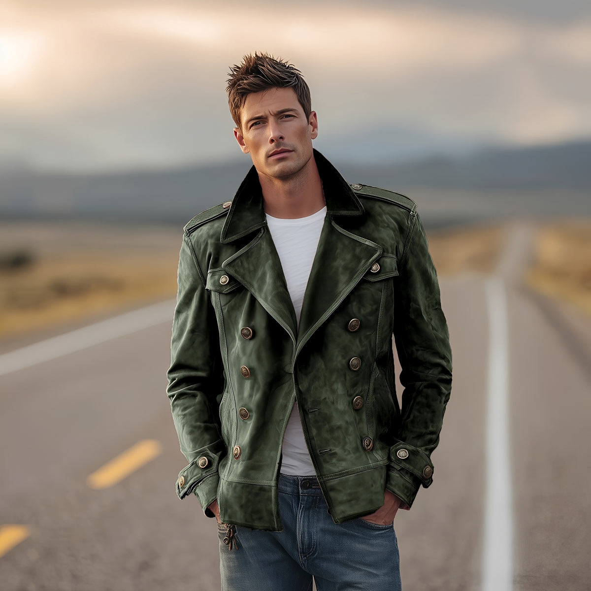 Abrigo doble botonadura para hombre con solapas anchas y hombreras estilo militar